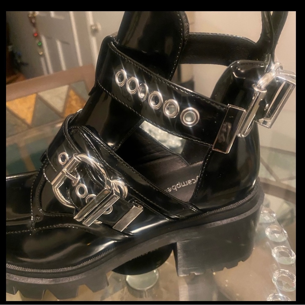 NEW Jeffery Campbell Black Patient Leather Platform Shoes with silver Buckles.